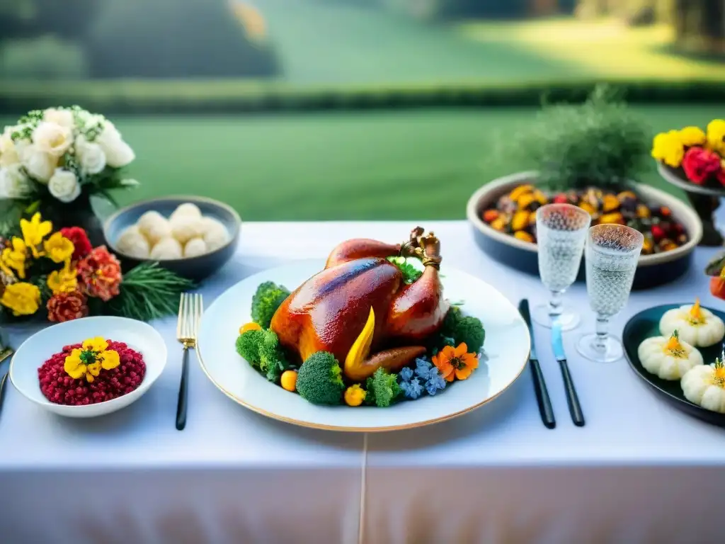 Menú bautizo sin gluten: mesa festiva con variedad de platillos principales, como ensalada de quinua, pavo al horno y pimientos rellenos