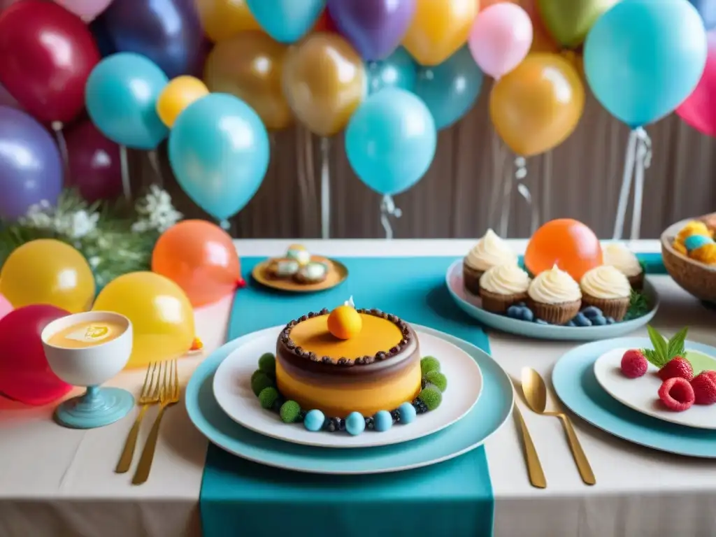 Menú sin gluten para fiesta: detallada escena vibrante y festiva con mesa llena de delicias y decoraciones coloridas