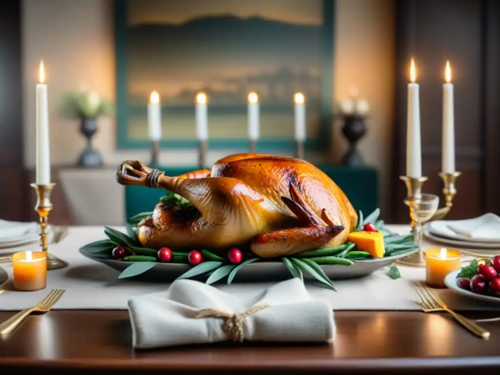 Menú de Acción de Gracias Sin Gluten en mesa festivamente decorada con platillos deliciosos de otoño y ambiente acogedor