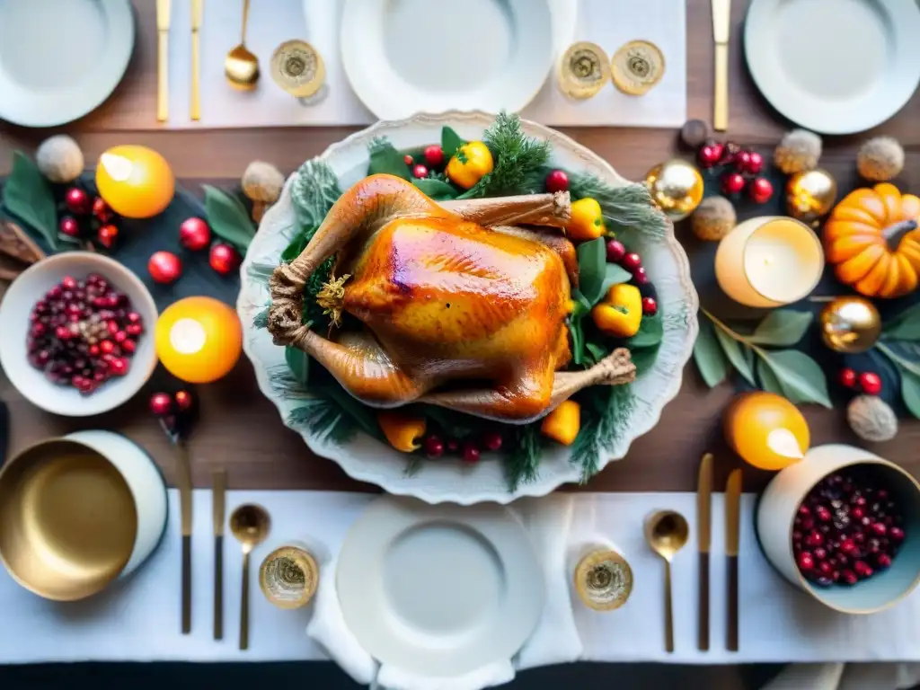 Menús festivos sin gluten en una mesa festiva elegante y acogedora con pavo, salsa de arándanos, pastel de calabaza y guarniciones coloridas