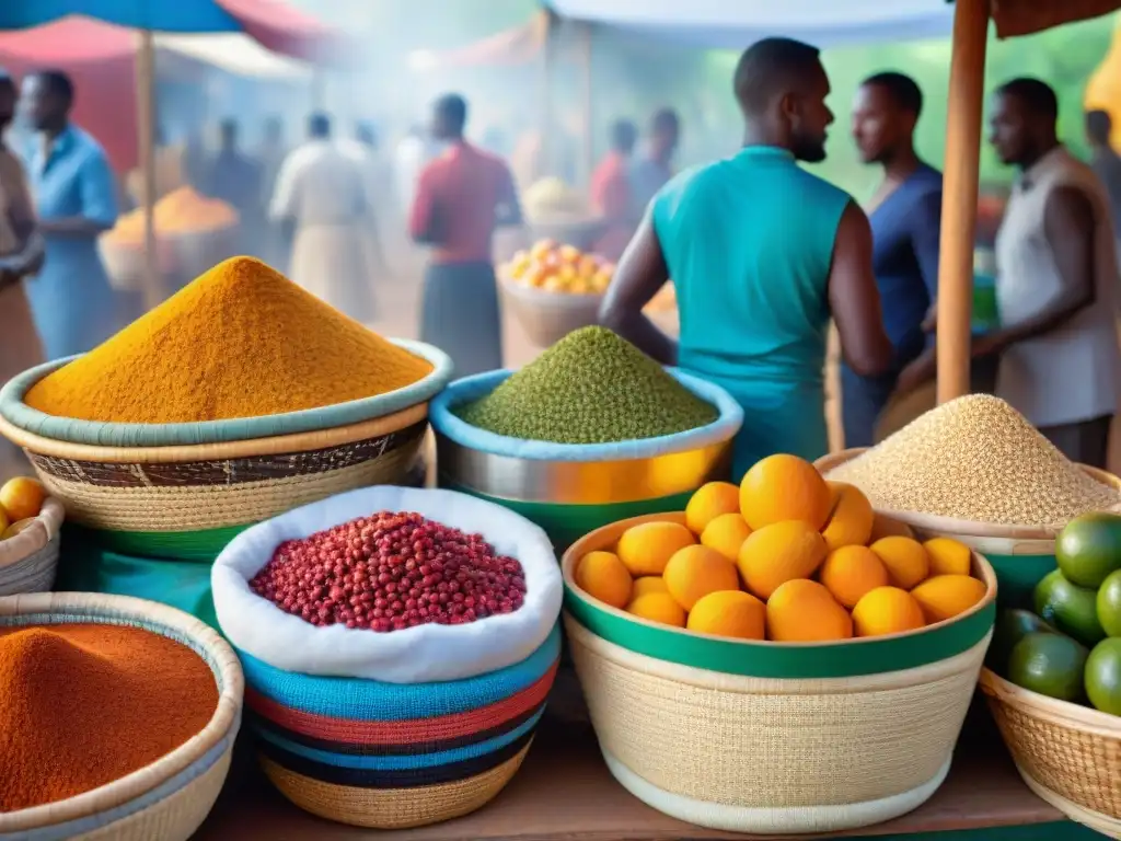 Un mercado africano bullicioso muestra una variedad de ingredientes para recetas sin gluten alrededor