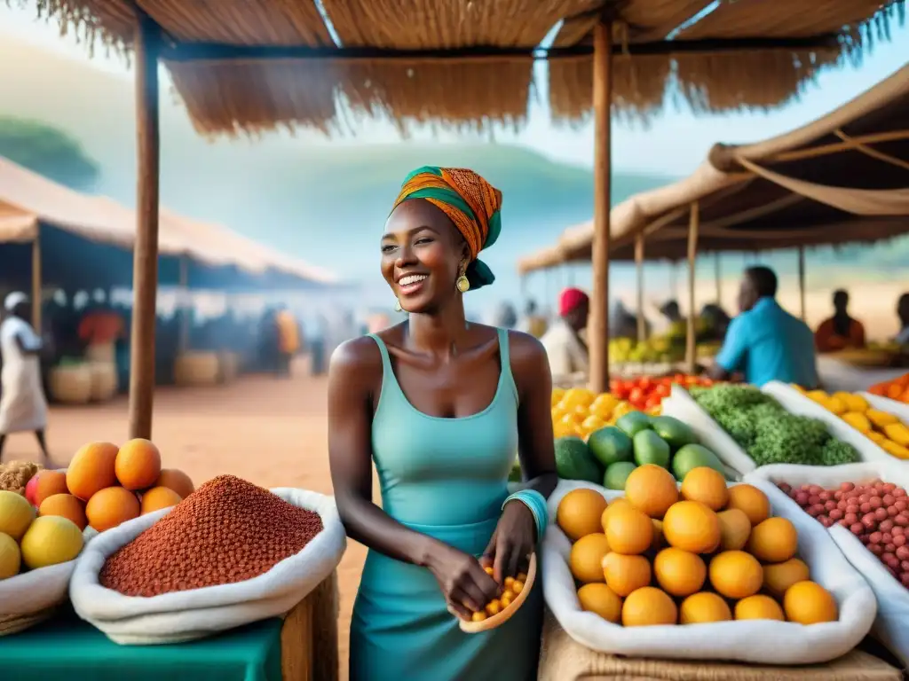 Explorando la gastronomía sin gluten en un mercado africano Un mercado africano lleno de color donde viajeros con celiaquía disfrutan de recetas sin gluten sabores africanos