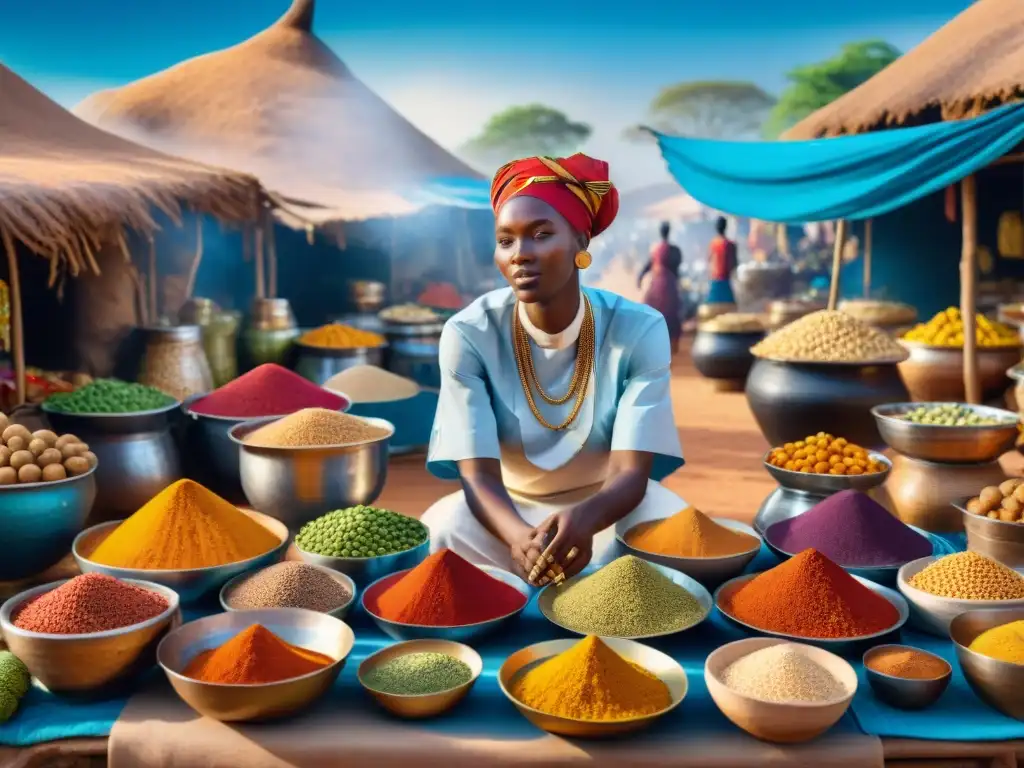 Un mercado africano vibrante con ingredientes sin gluten y locales interactuando, mostrando la cultura culinaria africana