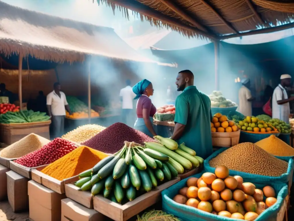 Un mercado africano vibrante con ingredientes africanos sin gluten innovadores