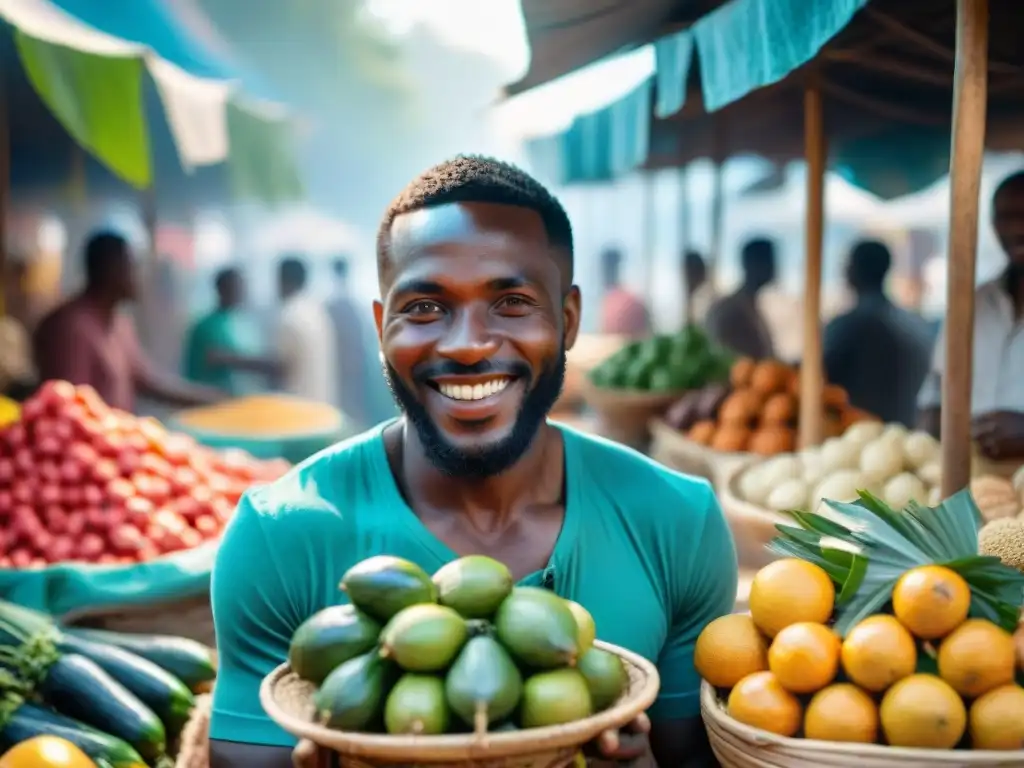 Un mercado africano vibrante con puestos coloridos de frutas y especias frescas