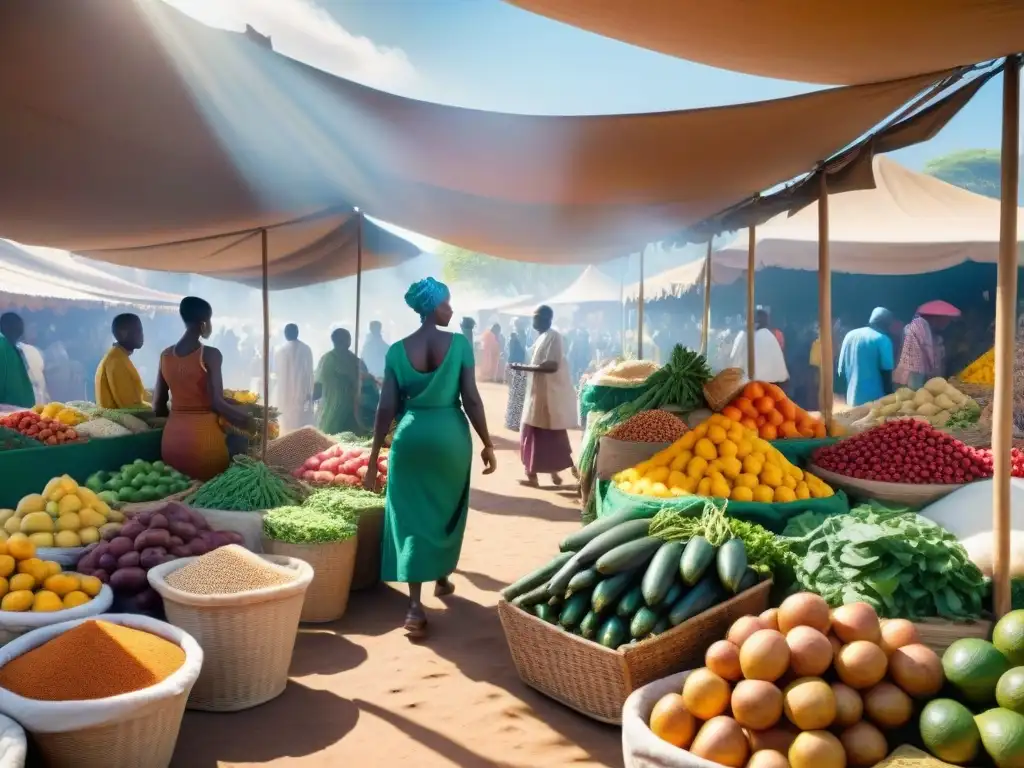 Un mercado africano vibrante con sabores veganos sin gluten internacionales en un escenario lleno de color y vida