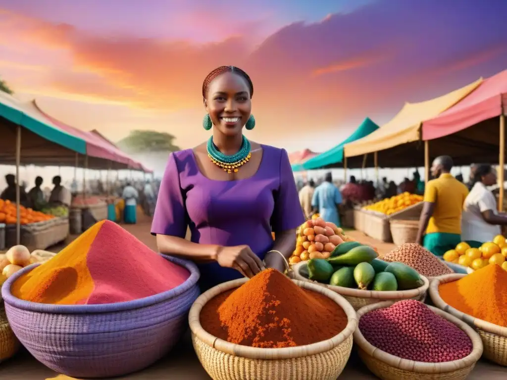 Un mercado africano vibrante con sabores y colores, lleno de frutas exóticas y especias