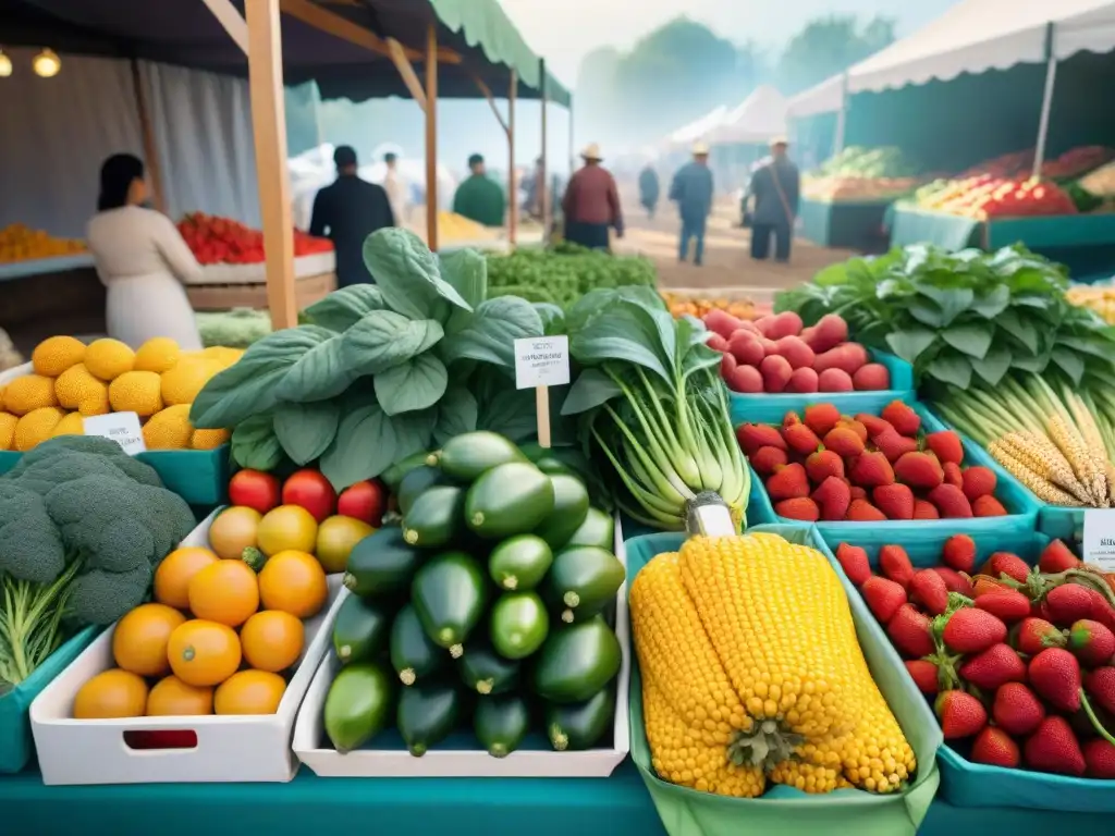 Un mercado de agricultores colorido y sereno, lleno de frutas frescas, vegetales y granos sin gluten, bañado por la luz del sol matutina