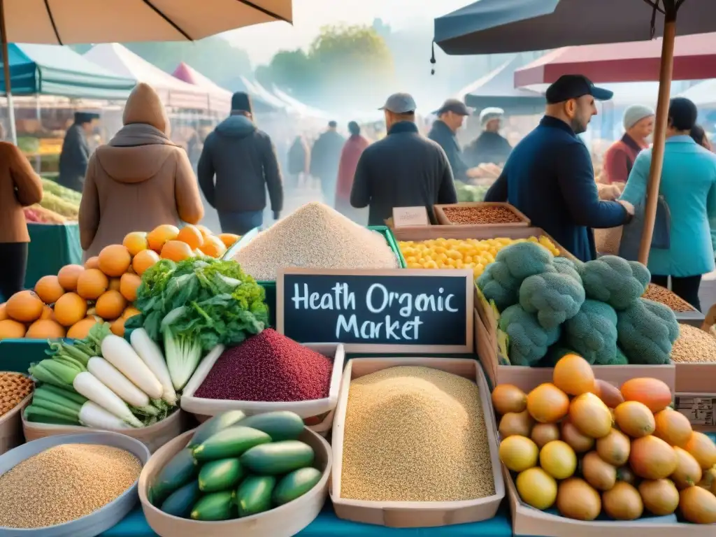 Mercado de agricultores: colorida frescura glutenfree Un mercado de agricultores lleno de frutas y verduras orgánicas, con clientes seleccionando productos bajo el sol