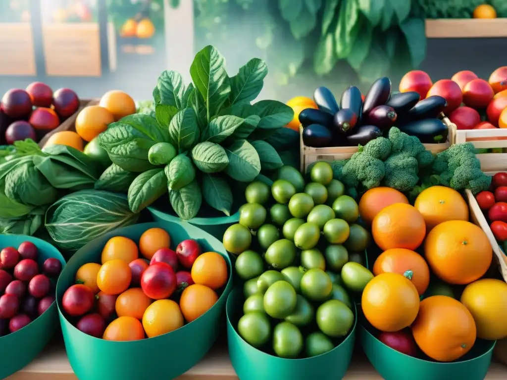 Un mercado de agricultores rebosante de frutas y verduras frescas, reflejando una dieta sin gluten con frutas y vegetales de temporada