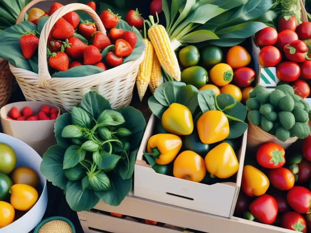 Un mercado de agricultores rebosante de productos orgánicos sin gluten para inflamación, bañado por la luz del sol