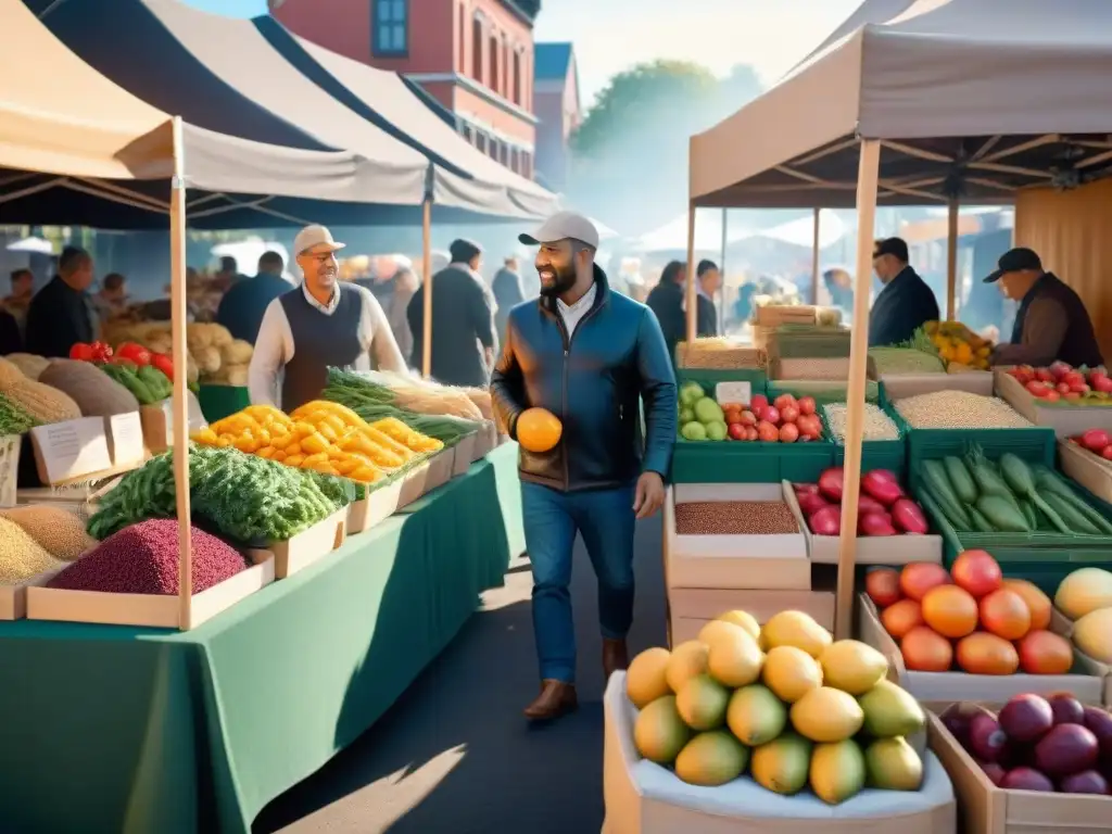 Un mercado de agricultores vibrante y colorido, lleno de actividad y productos frescos, transmitiendo la esencia de Recetas sin gluten fáciles