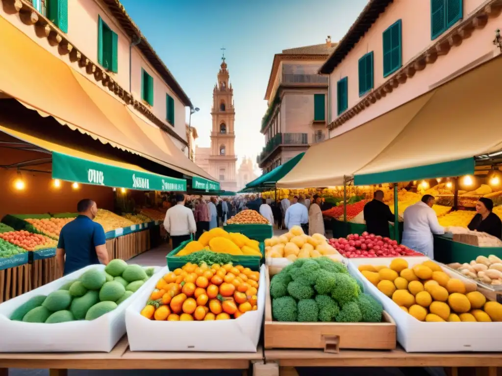 Un mercado al aire libre bullicioso en Murcia, España, rebosante de productos frescos sin gluten