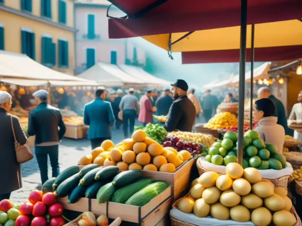 Un mercado al aire libre bullicioso en Italia, con puestos de frutas, verduras y productos sin gluten artesanales