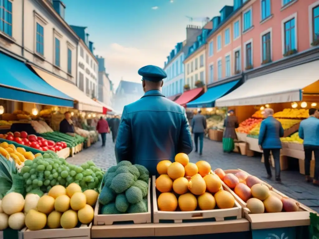 Un mercado al aire libre en una ciudad europea, con productos frescos, gente comprando y músico callejero