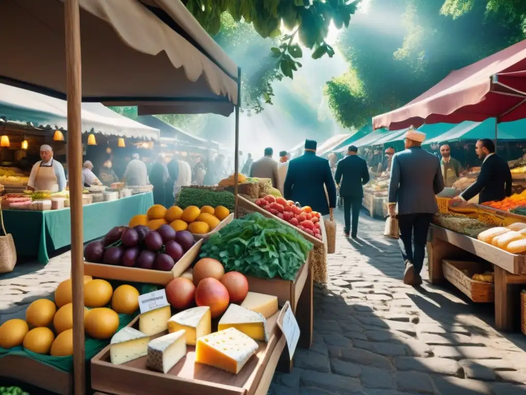 Mercado al aire libre en una ciudad europea, colorido y vibrante, ideal para viajeros sin gluten