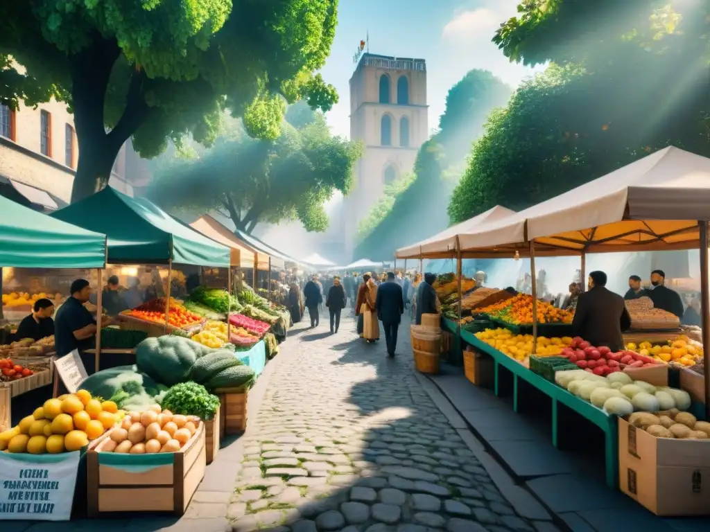 Un mercado al aire libre en una ciudad vibrante, lleno de coloridos puestos de alimentos sin gluten