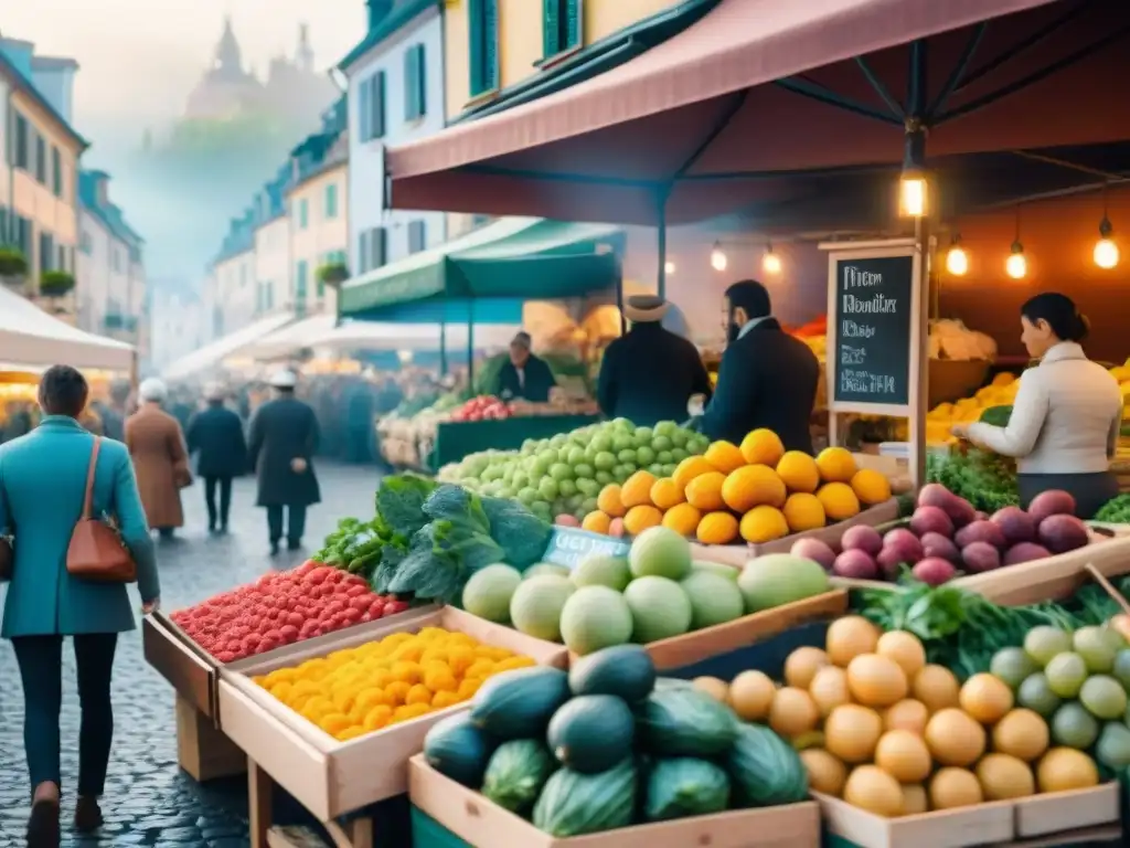 Mercado al aire libre en un encantador pueblo europeo, con productos frescos sin gluten y cocina local, creando una atmósfera acogedora y vibrante