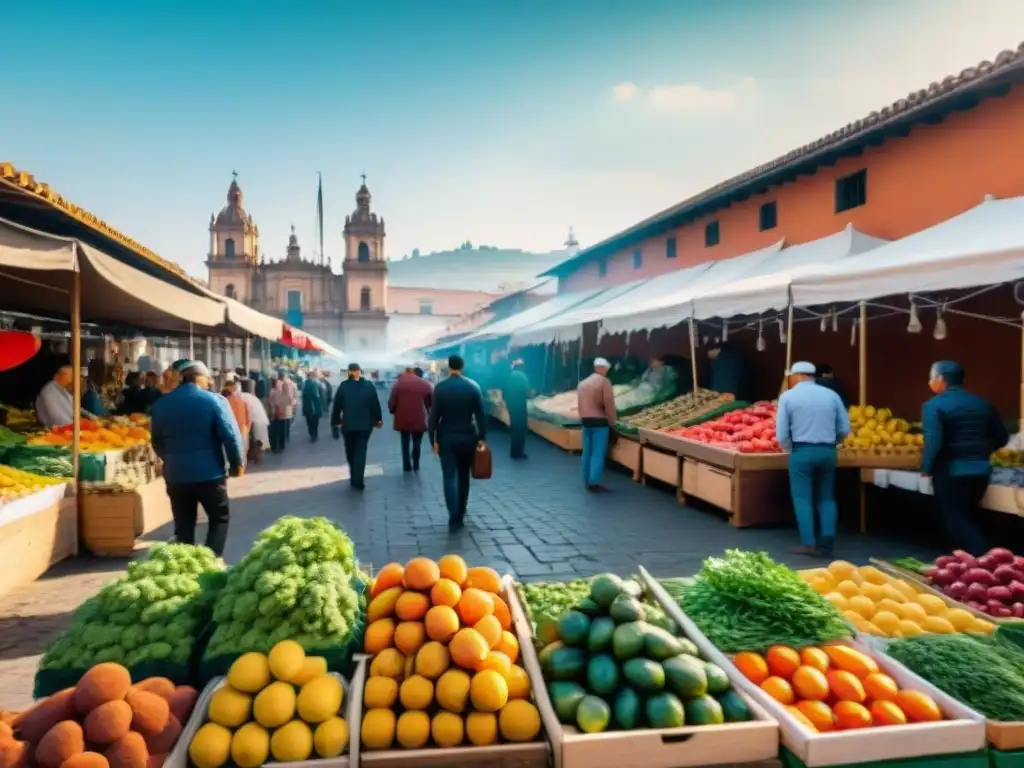 Mercado al aire libre en Guadalajara Castilla con frutas y verduras coloridas en puestos de madera bajo el sol español, restaurante sin gluten