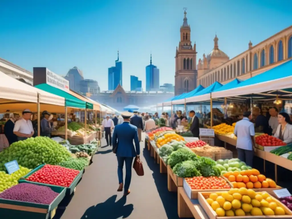 Mercado al aire libre en Australia con frutas frescas, vegetales y productos sin gluten