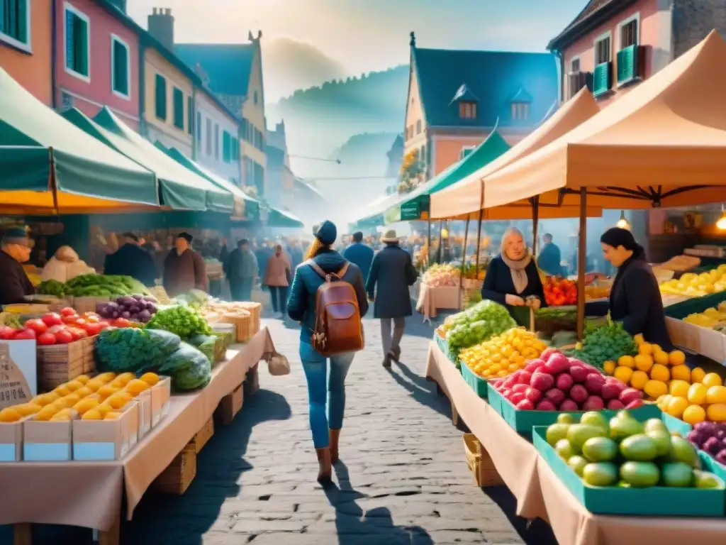 Un mercado al aire libre lleno de coloridos puestos de frutas, verduras y productos sin gluten