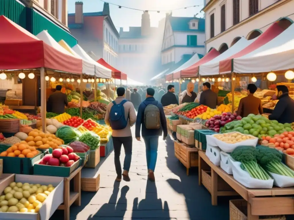 Un mercado al aire libre lleno de vida y color, donde los aventureros disfrutan de productos sin gluten