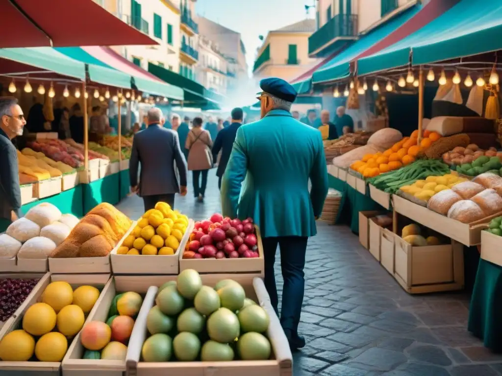 Un mercado al aire libre en Alicante, España, lleno de coloridos puestos que ofrecen recetas sin gluten