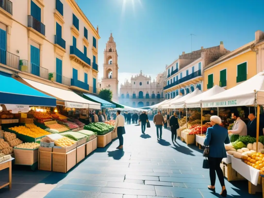 Un mercado al aire libre lleno de vida en Alicante, España, con recetas sin gluten