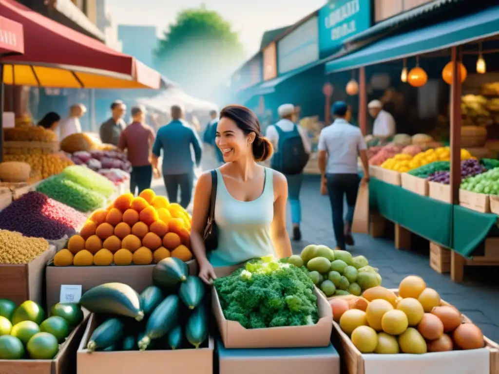 Un mercado al aire libre lleno de colores y sabores, donde viajeros disfrutan de opciones sin gluten