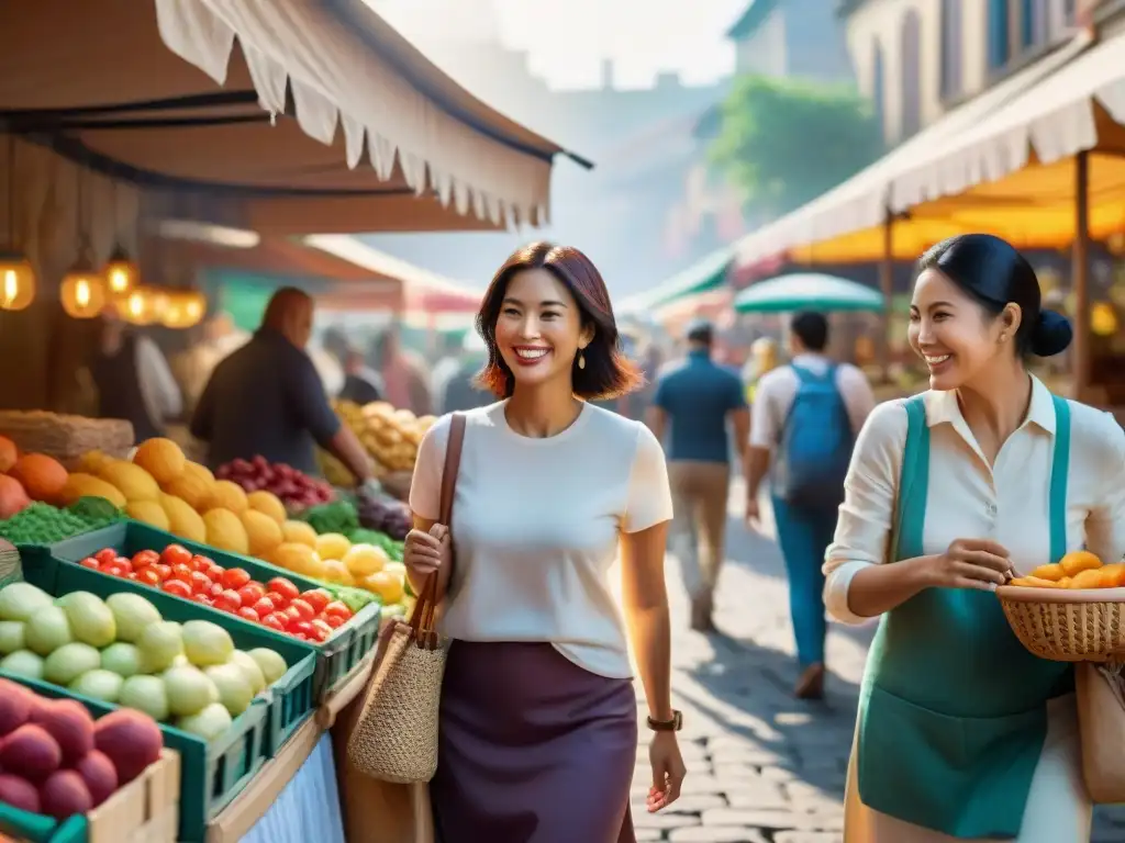 Un mercado al aire libre lleno de colores y sabores, donde viajeros disfrutan de opciones sin gluten