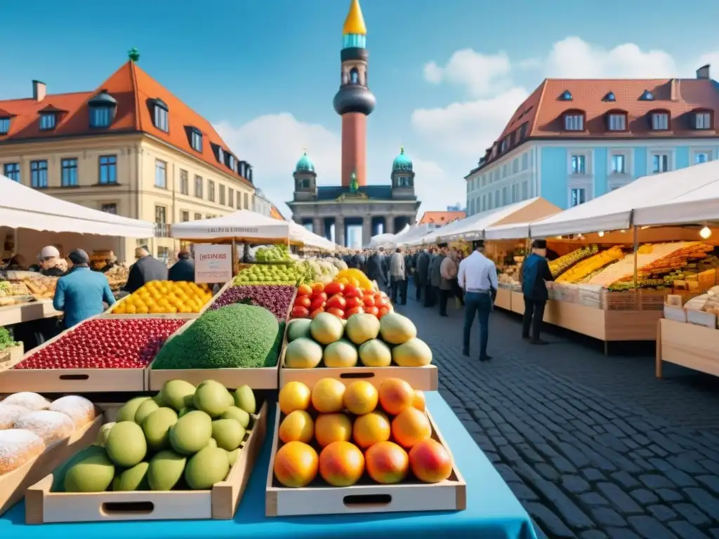 Un mercado al aire libre en Berlín con puestos coloridos de productos sin gluten, atrayendo a multitud diversa