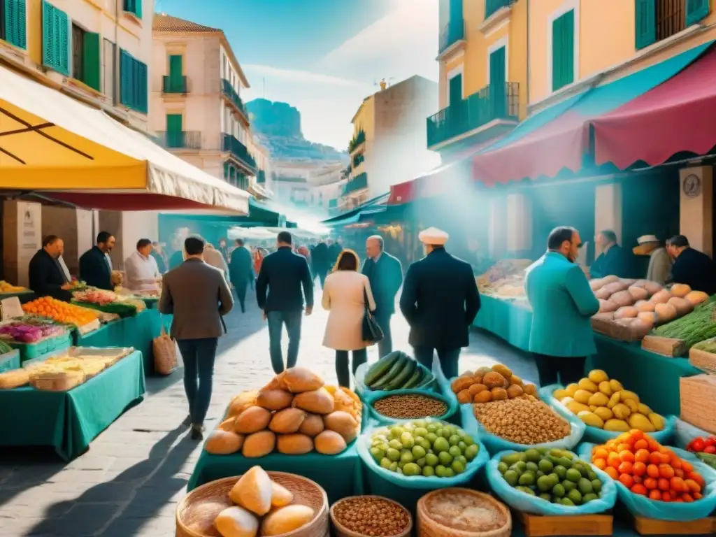 Un mercado al aire libre en Alicante con puestos vibrantes de alimentos frescos, pan sin gluten y especialidades locales