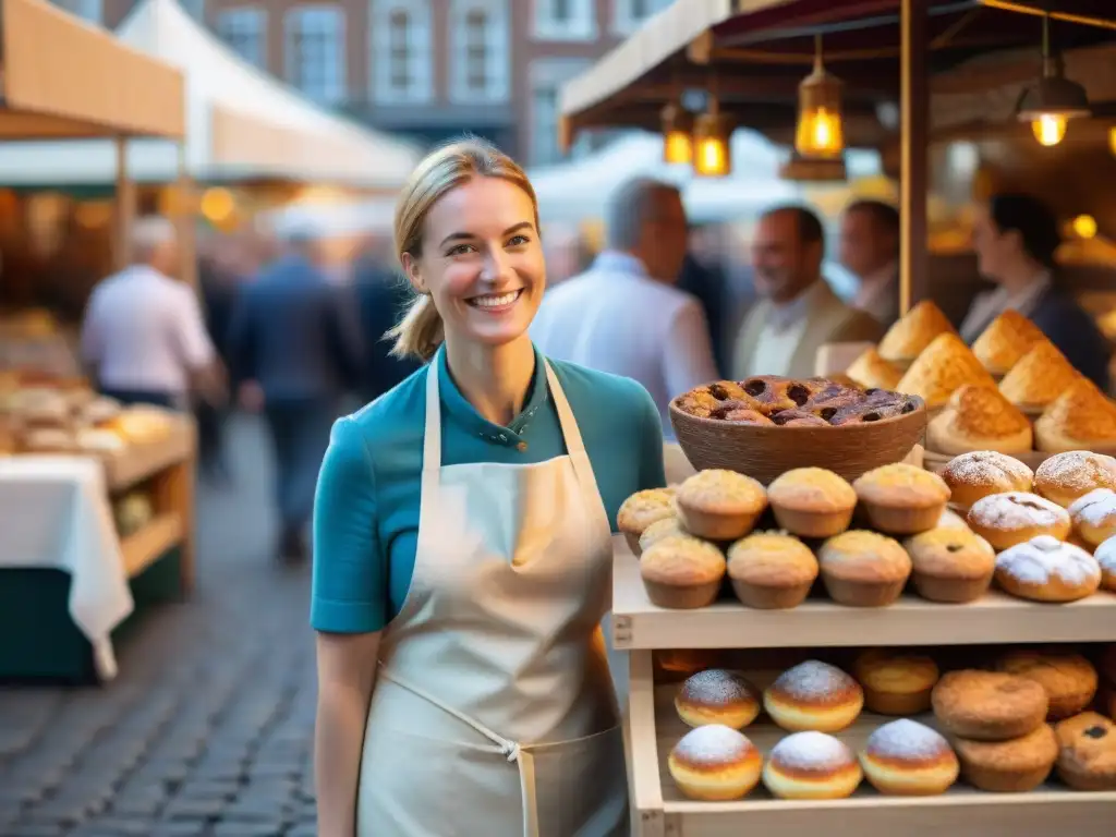 Mercado al aire libre en Ámsterdam con recetas sin gluten innovadoras y variadas delicias, ambiente vibrante y soleado