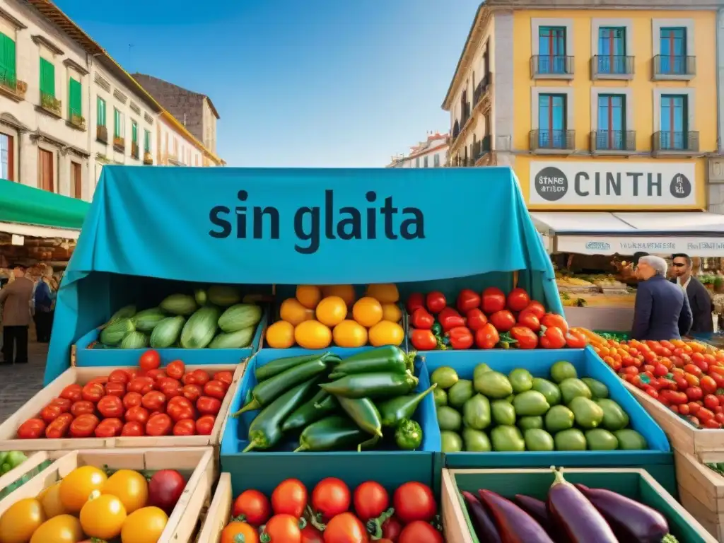 Un mercado al aire libre en La Coruña con recetas sin gluten y productos frescos y coloridos, bajo un cielo azul