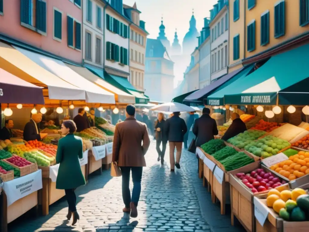 Un mercado al aire libre vibrante en una ciudad europea, con frutas, verduras y productos sin gluten