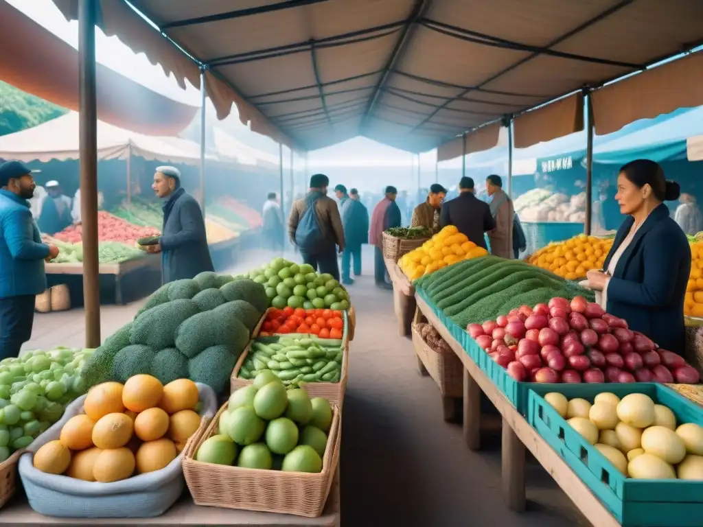 Un mercado al aire libre vibrante y bullicioso en Sudamérica, con puestos coloridos rebosantes de frutas, verduras y granos frescos