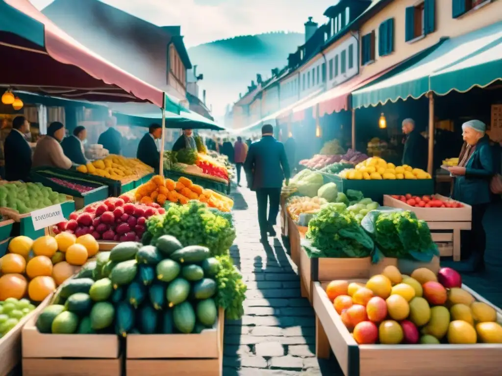 Un mercado al aire libre vibrante en una ciudad europea pintoresca, con frutas, verduras y productos sin gluten locales en puestos de madera