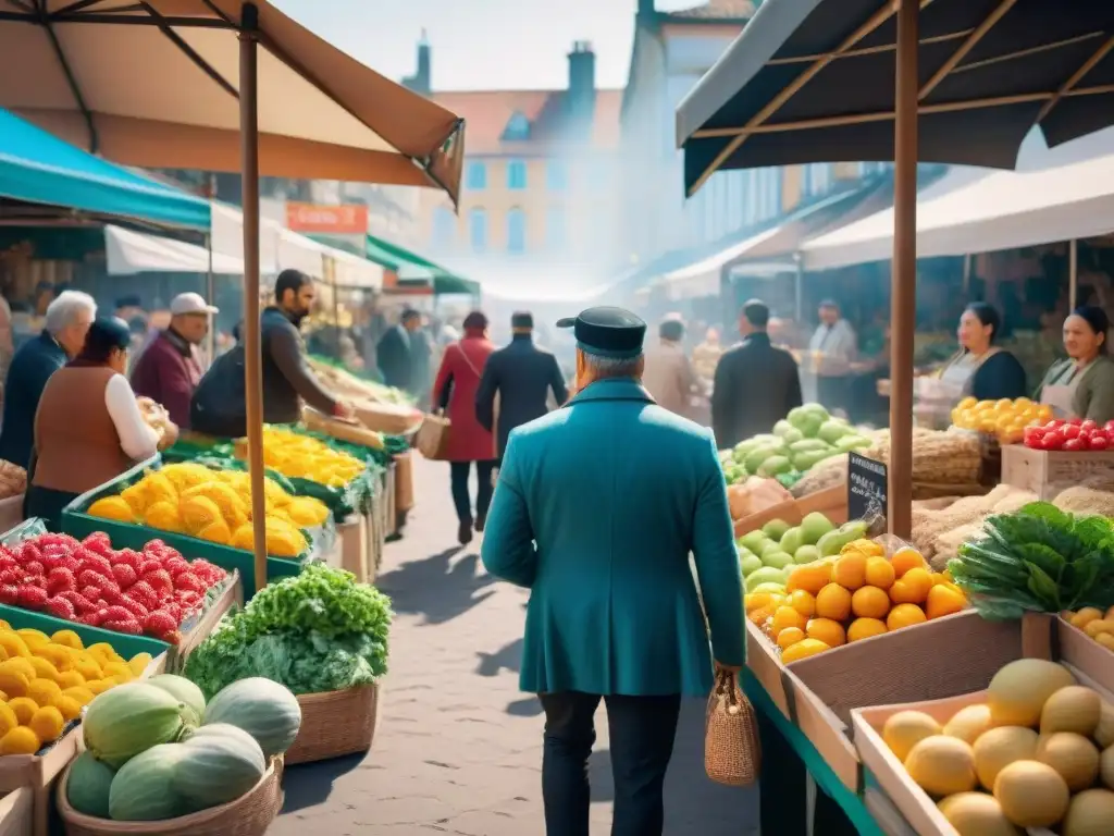 Un mercado al aire libre vibrante y concurrido, lleno de puestos coloridos ofreciendo productos frescos y locales