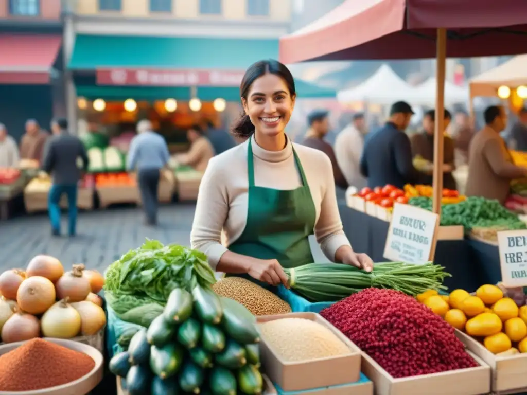 Un mercado al aire libre vibrante y concurrido, lleno de productos frescos y coloridos, donde se ofrece comida sin gluten fuera de casa