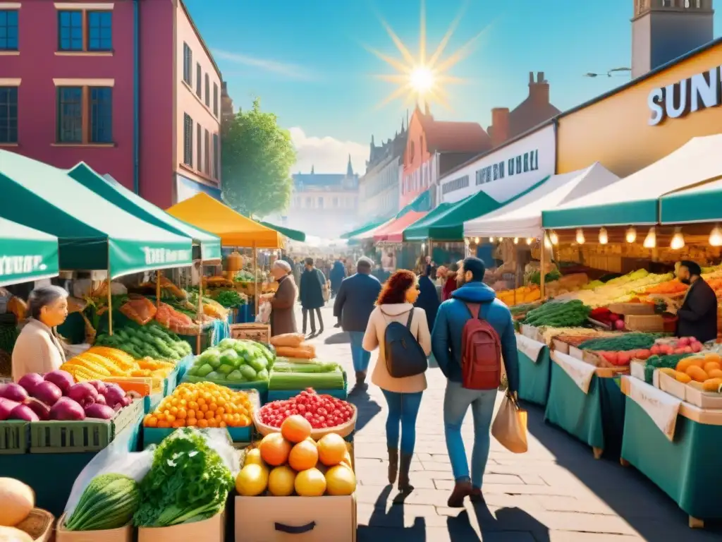 Un mercado al aire libre vibrante y concurrido vendiendo productos sin gluten para celíacos