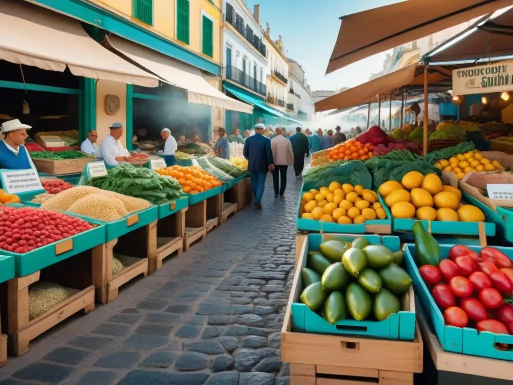 Un mercado al aire libre vibrante en Cádiz, con ingredientes frescos y opciones innovadoras sin gluten