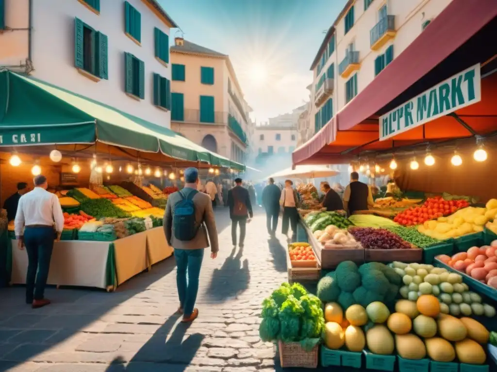 Un mercado al aire libre vibrante en Palma de Mallorca con una variedad colorida de productos frescos sin gluten