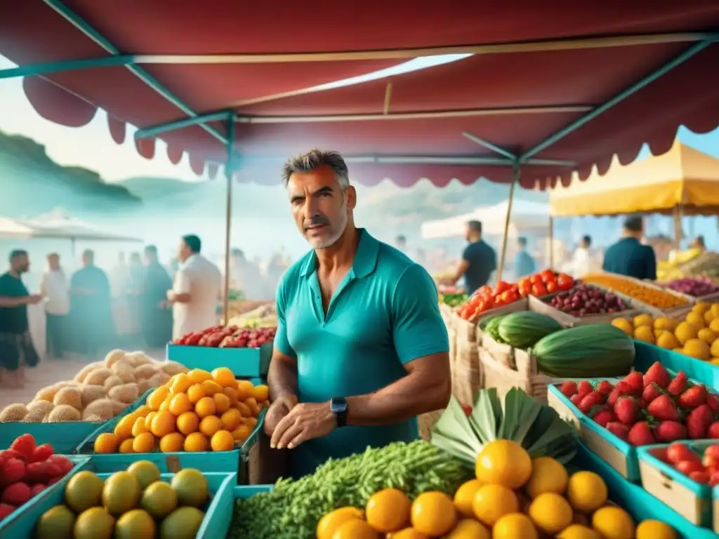 Un mercado al aire libre vibrante en Ibiza con frutas y verduras frescas y coloridas, destacando productos sin gluten