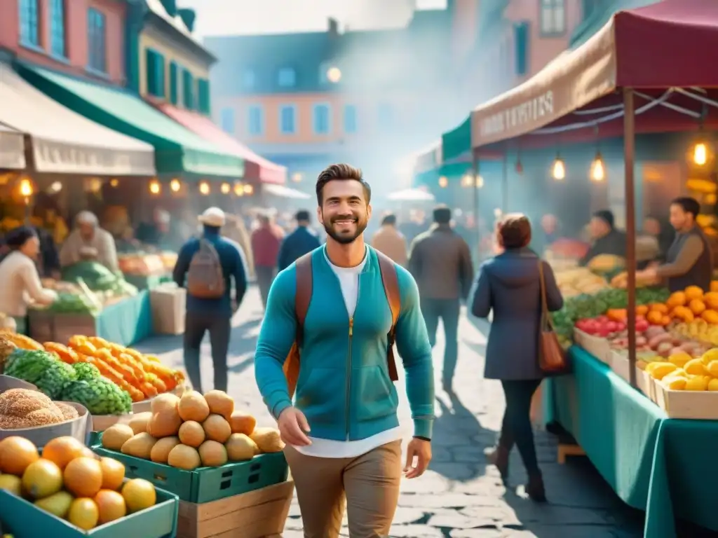 Un mercado al aire libre vibrante con destinos sin gluten para viajeros, lleno de coloridas paradas de frutas y verduras frescas y productos horneados