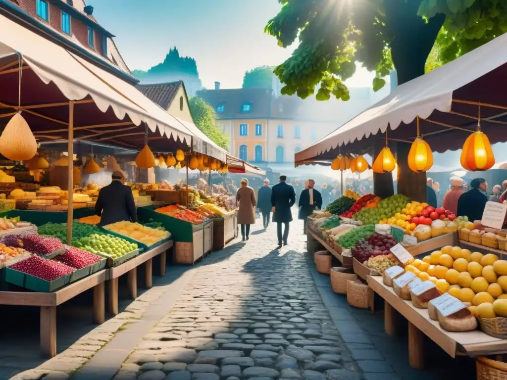 Un mercado al aire libre vibrante en una ciudad europea bulliciosa, ofreciendo frutas, verduras y quesos artesanales