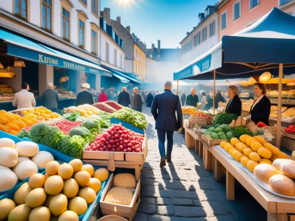 Un mercado al aire libre vibrante en una encantadora ciudad europea, con productos sin gluten y consejos seguridad alimentaria viaje sin gluten