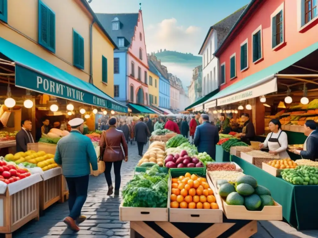 Un mercado al aire libre vibrante con comida sin gluten, donde la gente disfruta de la diversidad culinaria y cultural