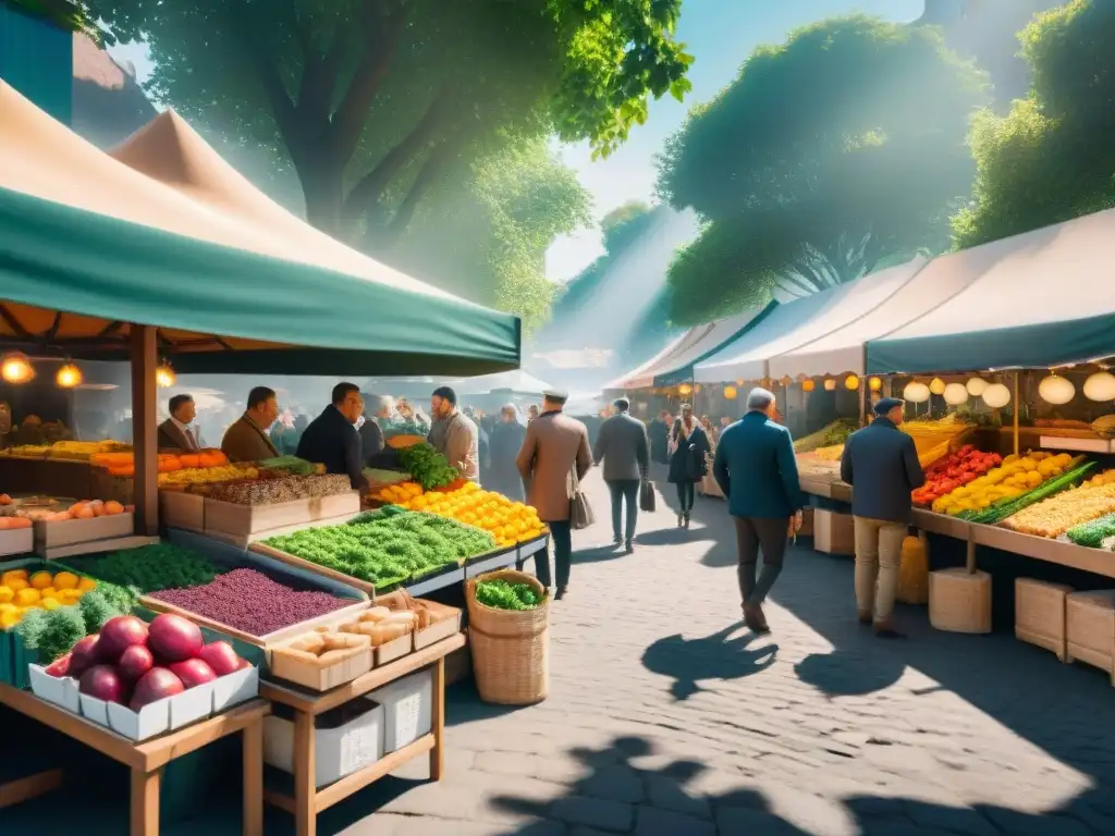 Un mercado al aire libre vibrante y colorido, lleno de vida y diversidad