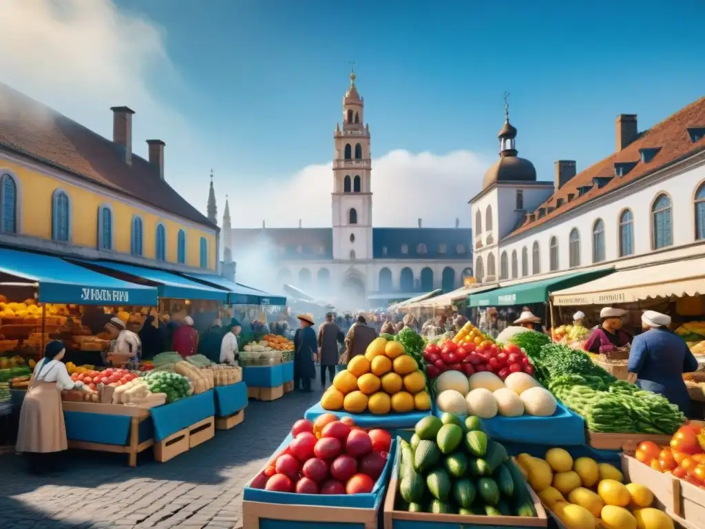 Un mercado al aire libre vibrante y colorido, lleno de vida y diversidad, ideal para consejos viajar sin gluten