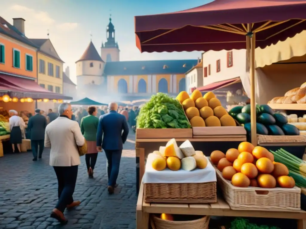 Un mercado al aire libre vibrante en un encantador pueblo europeo, lleno de colores y sabores